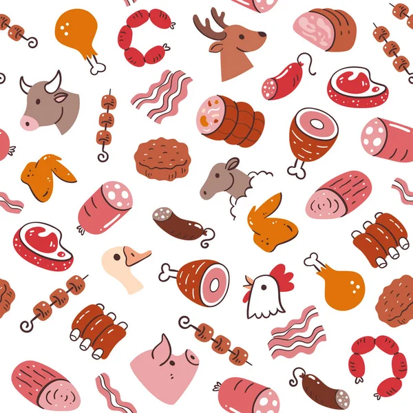 Vlees Naadloos Patroon Stukken Vlees Vleesproducten Voedselingrediënten Voor Het Koken — Stockvector