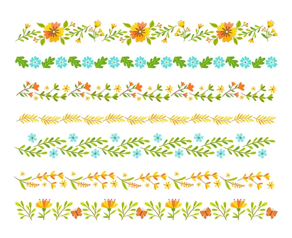 カラフルな装飾花の境界線 春の花のテキスト分割 フレーム設計に最適です 国境はシームレスだ 白い背景の孤立した境界線 — ストックベクタ