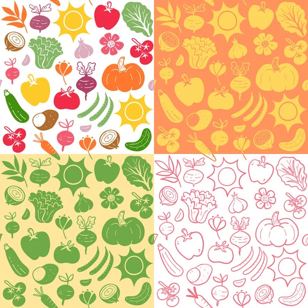 夏季蔬菜无缝模式收集 色彩斑斓的扁平轮廓和涂鸦风格 白色背景的孤立蔬菜 矢量说明 — 图库矢量图片