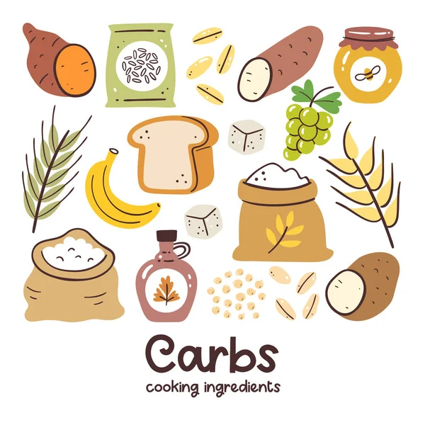 Alimentos Ricos Carbohidratos Cocinar Colección Ingredientes Pan Arroz Tubérculos Jarabe — Archivo Imágenes Vectoriales