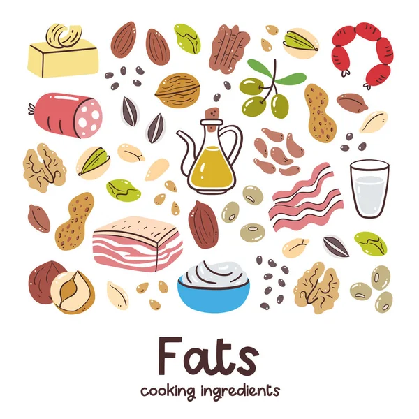 高脂肪食物 烹调配料的集合 乳制品 橄榄油 健康均衡饮食 — 图库矢量图片