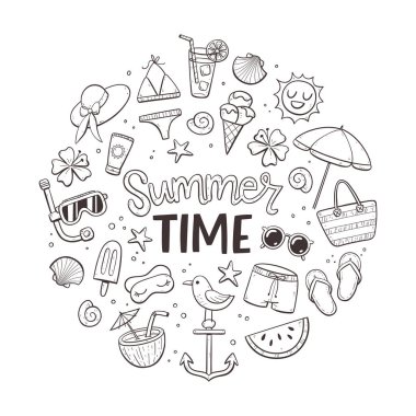 Yaz Saati geçmişi. Doodle tarzı. Güzel el çizimi yaz ikonları. Beyaz arkaplanda izole nesneler.