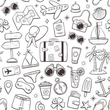Yaz ve tatil eşyalarıyla desen tasarımı. Beyaz arka planda izole elementler. Doodle versiyonu.