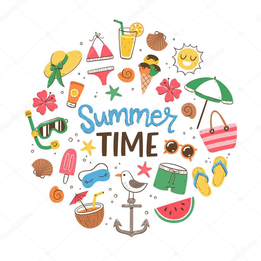 Summer Time background. Colorful style. Cute hand drawn summer icons. Isolated objects on white background.