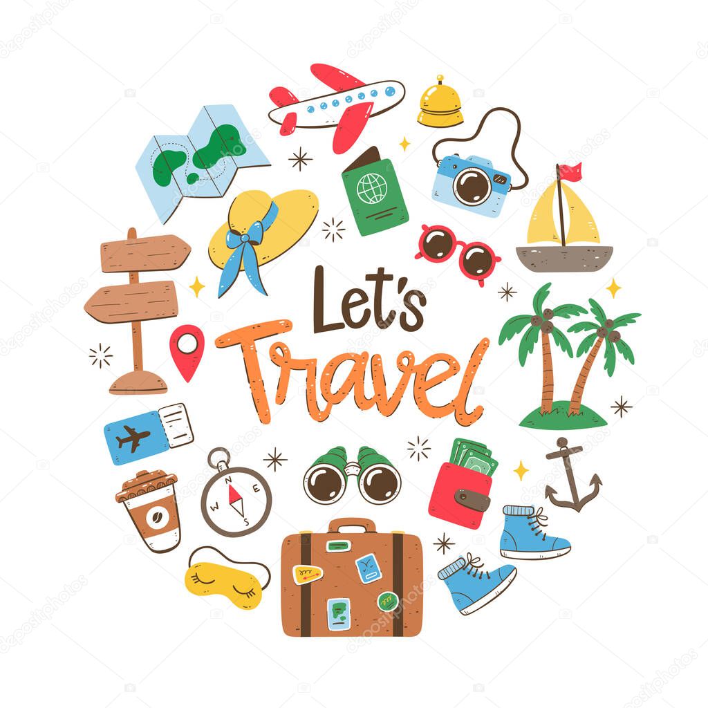 Travel holidays background. Colorful style. Cute hand drawn travel icons. Isolated objects on white background.
