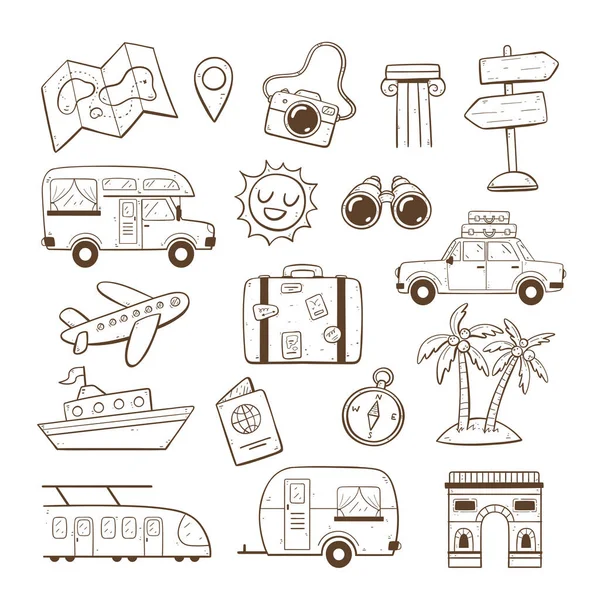 Travel Vacation Clipart Collection Cute Doodle Elements Isolated White Background — Stock Vector