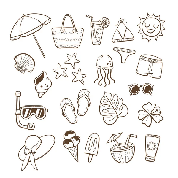 Beach Summer Clipart Collection Cute Doodle Elements Isolated White Background — Stock Vector