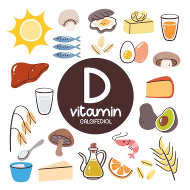 Yüksek seviyede D vitamini içeren gıda ürünleri (kalcifediol). Yemek malzemesi. Deniz ürünleri, süt ürünleri, yağ, tahıl, mantar, yumurta, karaciğer
