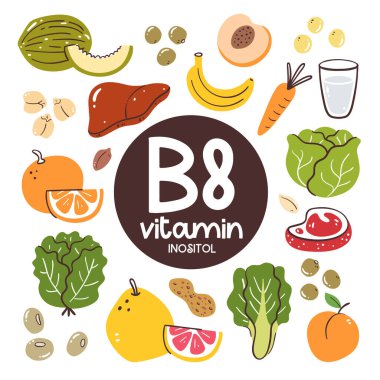 Yüksek seviyede B8 vitamini içeren gıda ürünleri (Inositol). Yemek malzemesi. Meyve, sebze, baklagil, süt..