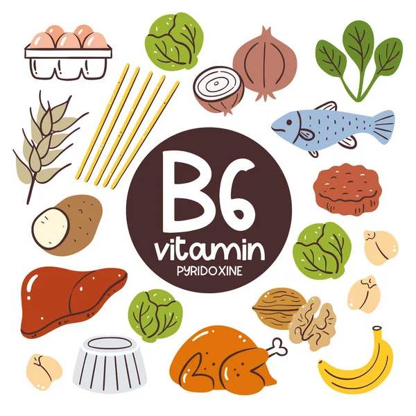 Τρόφιμα Υψηλό Επίπεδο Βιταμίνης Πυριδοξίνη Μαγειρικά Υλικά Φρούτα Λαχανικά Όσπρια — Διανυσματικό Αρχείο