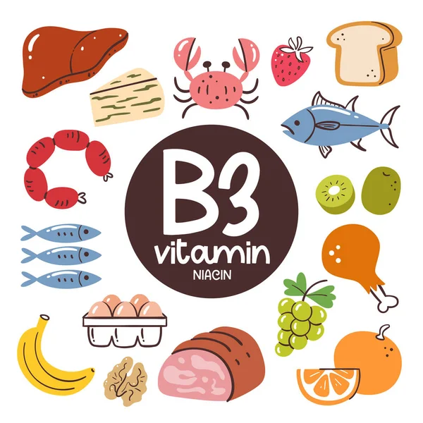 Prodotti Alimentari Con Alto Livello Vitamina Niacina Ingredienti Cottura Frutta — Vettoriale Stock