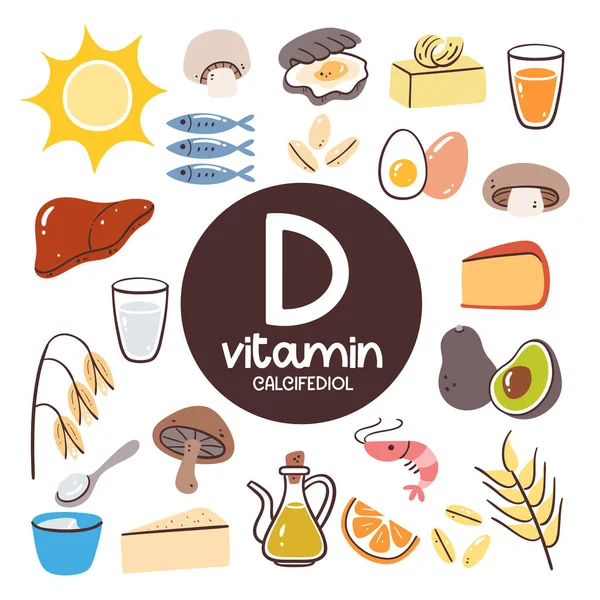 Produits Alimentaires Forte Teneur Vitamine Calcifédiol Ingrédients Cuisson Fruits Mer — Image vectorielle