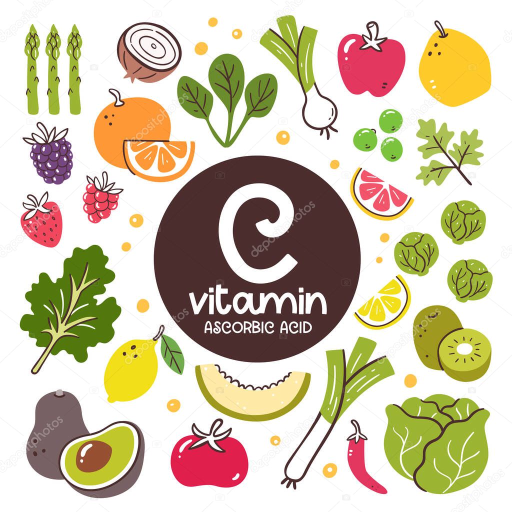 Food products with high level of Vitamin C (ascorbic acid). Cooking ingredients. Fruits and vegetables.