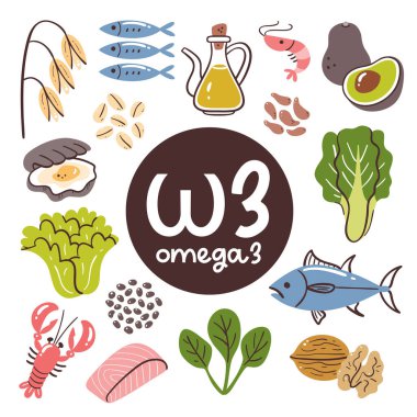 Yüksek seviyede Omega 3 içeren gıda ürünleri. Yemek malzemesi. Sebzeler, deniz ürünleri, yağ, tahıl, fındık..
