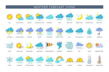Hava durumu ikonları. Hava tahmini ikon koleksiyonu. Güneş, yağmur, rüzgar, kar ve sıcaklık gibi meteorolojik bölgelerde en yaygın belirtilere sahip 50 renkli ikon. El çizimi vektör illüstrasyonu.