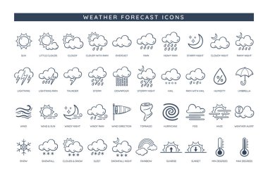 Hava durumu ikonları. Hava durumu ikonu koleksiyonu. Güneş, yağmur, rüzgar, kar ve sıcaklık gibi meteorolojik bölgelerde en yaygın belirtilere sahip 50 karalama simgesi. El çizimi vektör illüstrasyonu.
