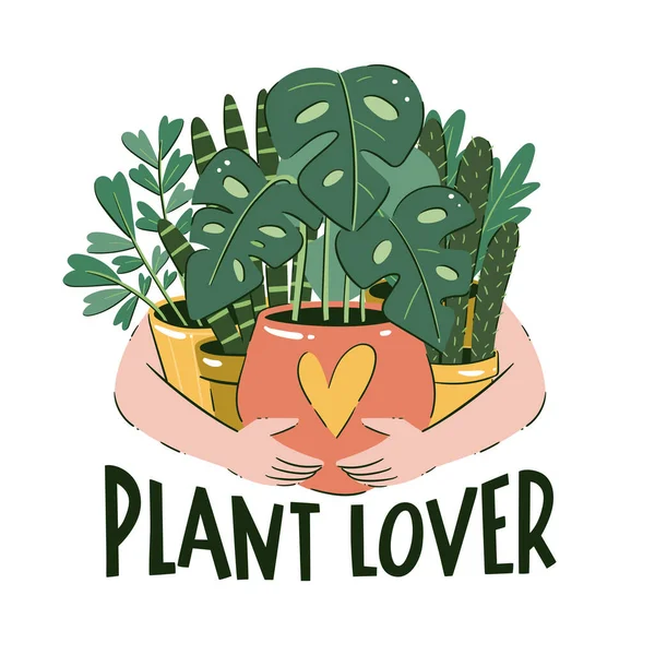 Pflanzenliebhaber Konzept Jemand Hält Einen Strauß Zimmerpflanzen Seinen Töpfen Handgezeichnete — Stockvektor