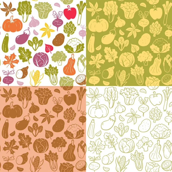 秋季季节蔬菜无缝图案采集 色彩斑斓的扁平轮廓和涂鸦风格 白色背景的孤立蔬菜 矢量说明 — 图库矢量图片