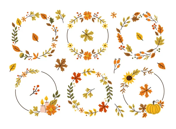 Jesienna Kolekcja Wieńców Sześć Sezonowych Kwiatowych Dekoracyjnych Wieńców Idealnych Dla — Wektor stockowy