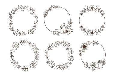 Sonbahar karalama çelengi koleksiyonu. Altı mevsimlik dekoratif çelenk, kurşun dergileri ve çerçeveler için mükemmel. İzole vektör ögeleri.