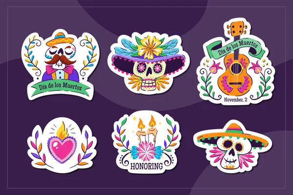 Stiker Meksiko Dia Los Muertos Stiker Dengan Elemen Tradisional Meksiko - Stok Vektor