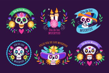 Mexican Dia de los Muertos label collection. 6 different labels with traditional Mexican elements to celebrate the Day of the Dead. Isolated elements, perfect for sticker designs, online posts, party events... Set 1 of 3.