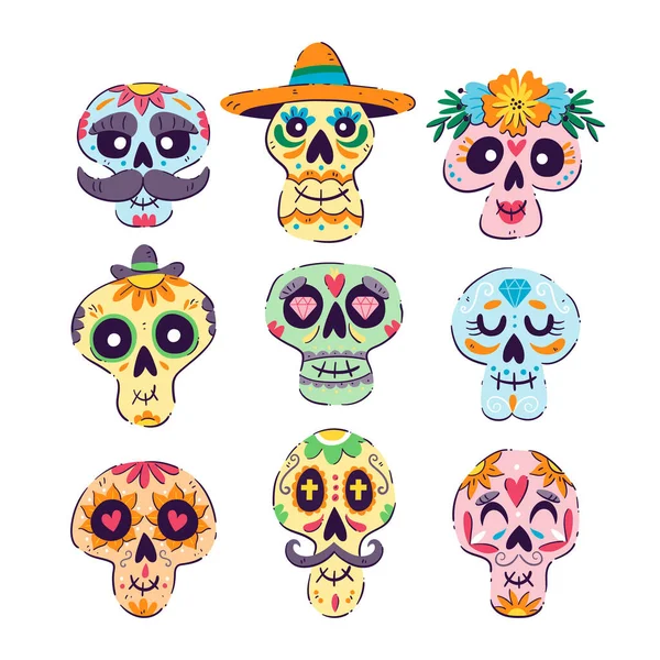 Mexican Sugar Skull Collection Isolated Skulls Perfect Day Dead Sticker — Archivo Imágenes Vectoriales