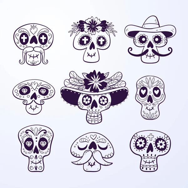 Mexican Sugar Skull Collection Isolated Doodle Skulls Perfect Day Dead — Stock Vector