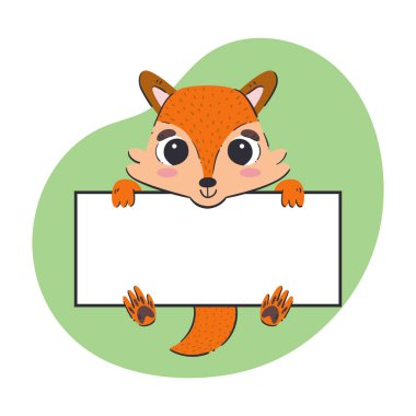 Fox holding a white banner. Cute hand-drawn vector illustration with green background. Editable card template.
