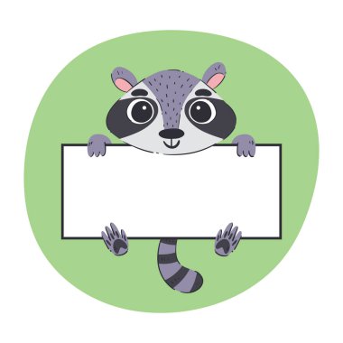 Raccoon holding a white banner. Cute hand-drawn vector illustration with green background. Editable card template.