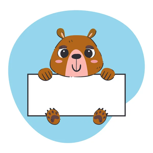 Bear Holding White Banner Cute Hand Drawn Vector Illustration Blue — 스톡 벡터