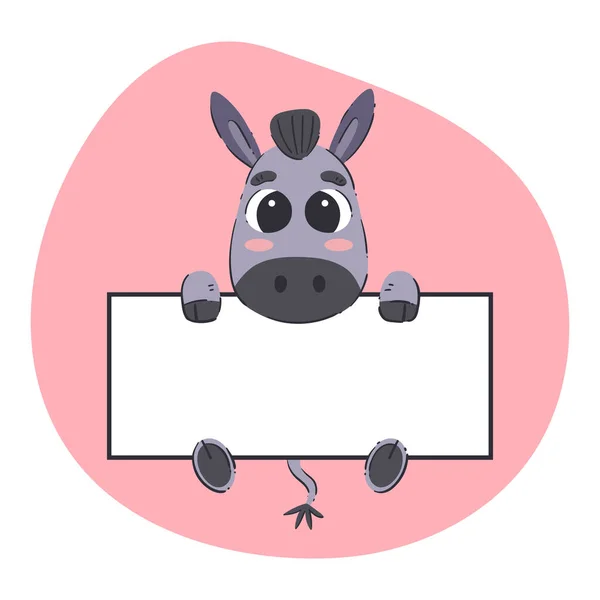 Donkey Holding White Banner Cute Hand Drawn Vector Illustration Pink — Vettoriale Stock