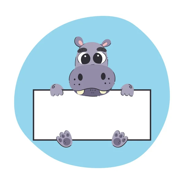 Hippo Holding White Banner Cute Hand Drawn Vector Illustration Blue — Stockvektor