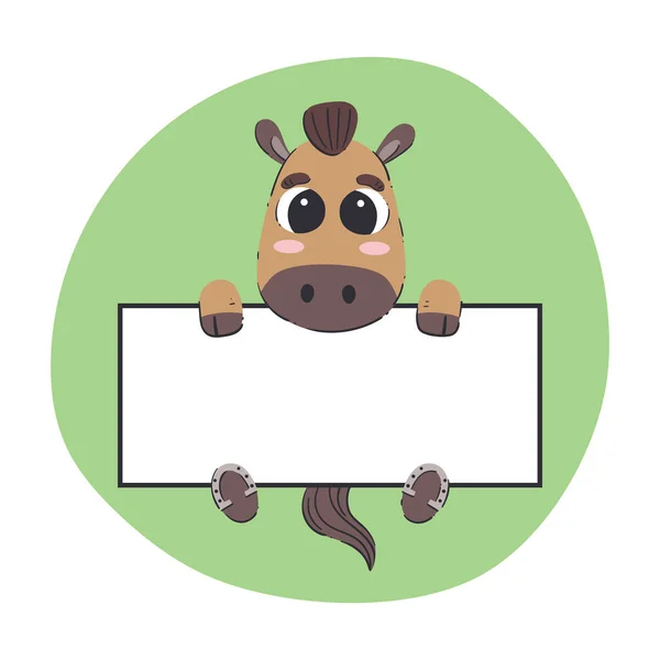Horse Holding White Banner Cute Hand Drawn Vector Illustration Green — 스톡 벡터