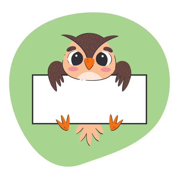 Owl Holding White Banner Cute Hand Drawn Vector Illustration Green — Vetor de Stock