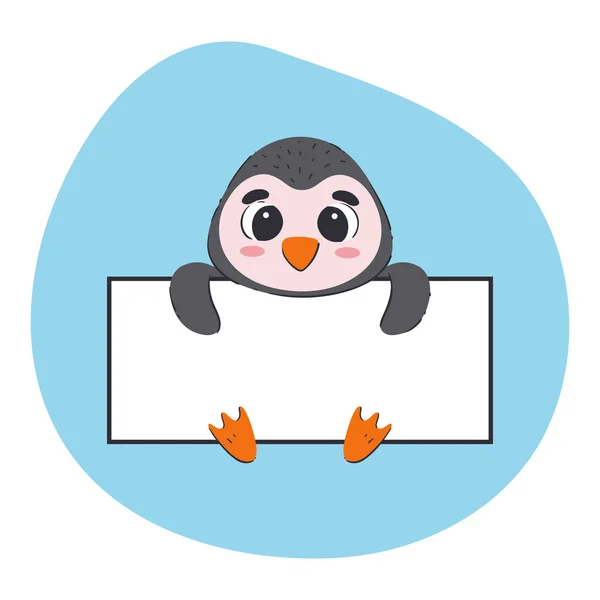 Penguin Holding White Banner Cute Hand Drawn Vector Illustration Blue — Vetor de Stock