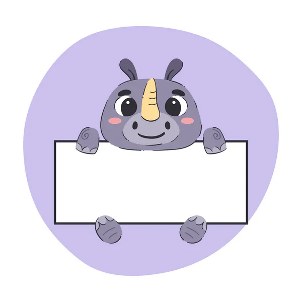 Rhino Holding White Banner Cute Hand Drawn Vector Illustration Purple — 스톡 벡터