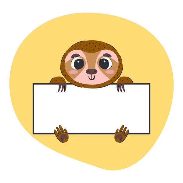 Sloth Holding White Banner Cute Hand Drawn Vector Illustration Yellow — Stockvektor