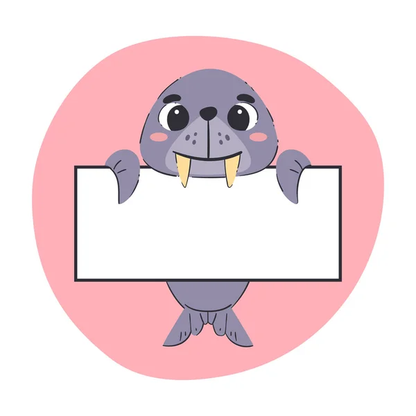 Walrus Holding White Banner Cute Hand Drawn Vector Illustration Pink — 스톡 벡터