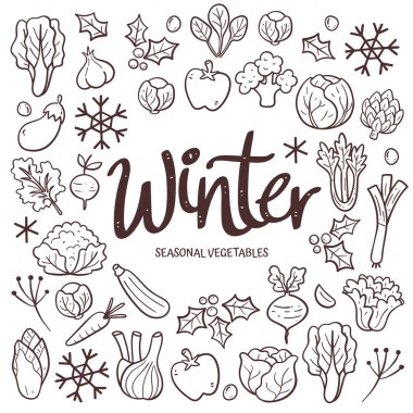 Mevsimlik sebzeler. Beyaz arka planda izole edilmiş karalama vektör simgelerinden yapılmış el yapımı kış sebzeleri..