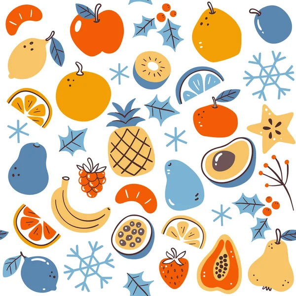 カラフルな冬の季節の果物シームレスパターン 白い背景に孤立した果物 ベクターイラスト — ストックベクタ