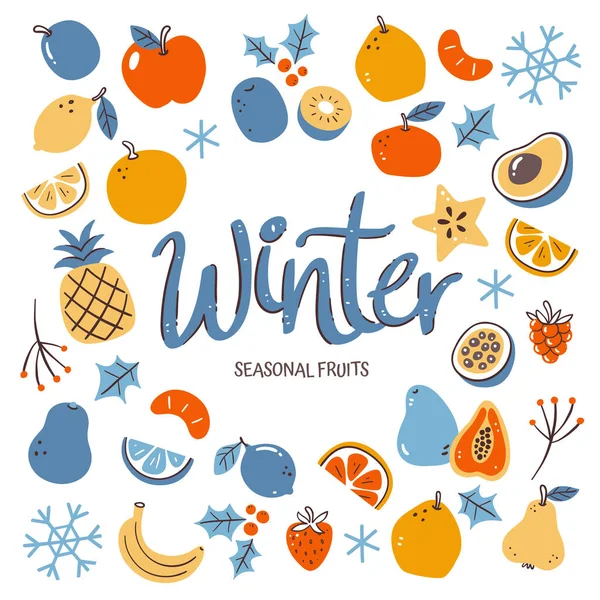 季節の果物の背景 白い背景に孤立したカラフルな手描きのベクトルアイコンで作られた冬の果物組成物 — ストックベクタ