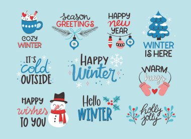 Kış Etiketi Koleksiyonu. Hafif arkaplanda sezonluk dekoratif cümleler izole edilmiş. Vektör illüstrasyonu.
