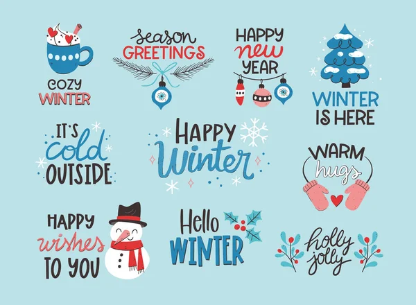 Winter Label Gyűjtemény Szezonális Dekoratív Mondatok Elszigetelt Fény Háttér Vektorillusztráció — Stock Vector