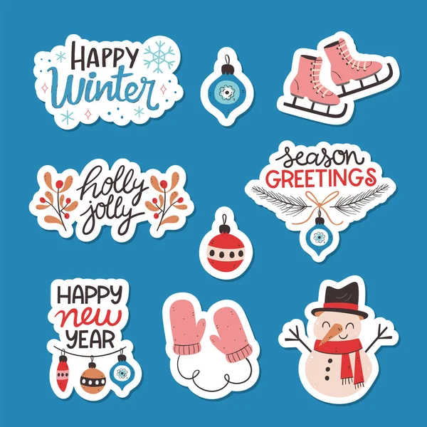 Cute Winter Sticker Collection Hand Drawn Colorful Stickers Winter Decorative — Stock Vector