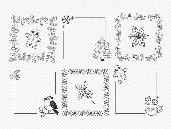 Inverno Decorativo Doodle Cornici Collezione Sei Cornici Carine Isolate Sfondo — Vettoriale Stock