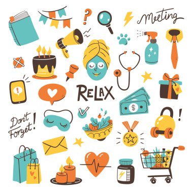 Günlük rutinler ve hatırlatıcılar hakkında koleksiyon yapın. Kurşun dergileri ve dijital planlamacılar için mükemmel. Günlük ev işleri, kişisel bakım, kutlama hatırlatmaları, alışveriş, egzersiz zamanı... Renkli vektör çizimi. 2 'nin 2' si.