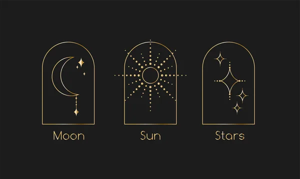Лінійний мистецький місяць, сонце, знаки зірок та символи. Містичні золоті векторні логотипи, татуювання, карти — стоковий вектор