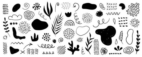 Organic shapes, spots, plants, lines, dots. Vector set of minimal trendy abstract hand drawn elements for graphic design — Vettoriale Stock