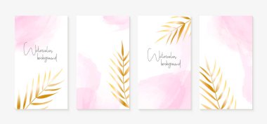 Instagram stories templates. Vector set of vertical abstract trendy backgrounds with golden palm leaves and pink watercolor spots. For social media stories